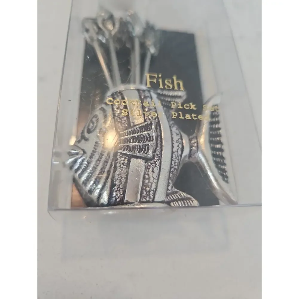 Spain Silver Plated Cocktail Appetizer Hors D' Oeuvre Fish Holder & 6 Mini Forks